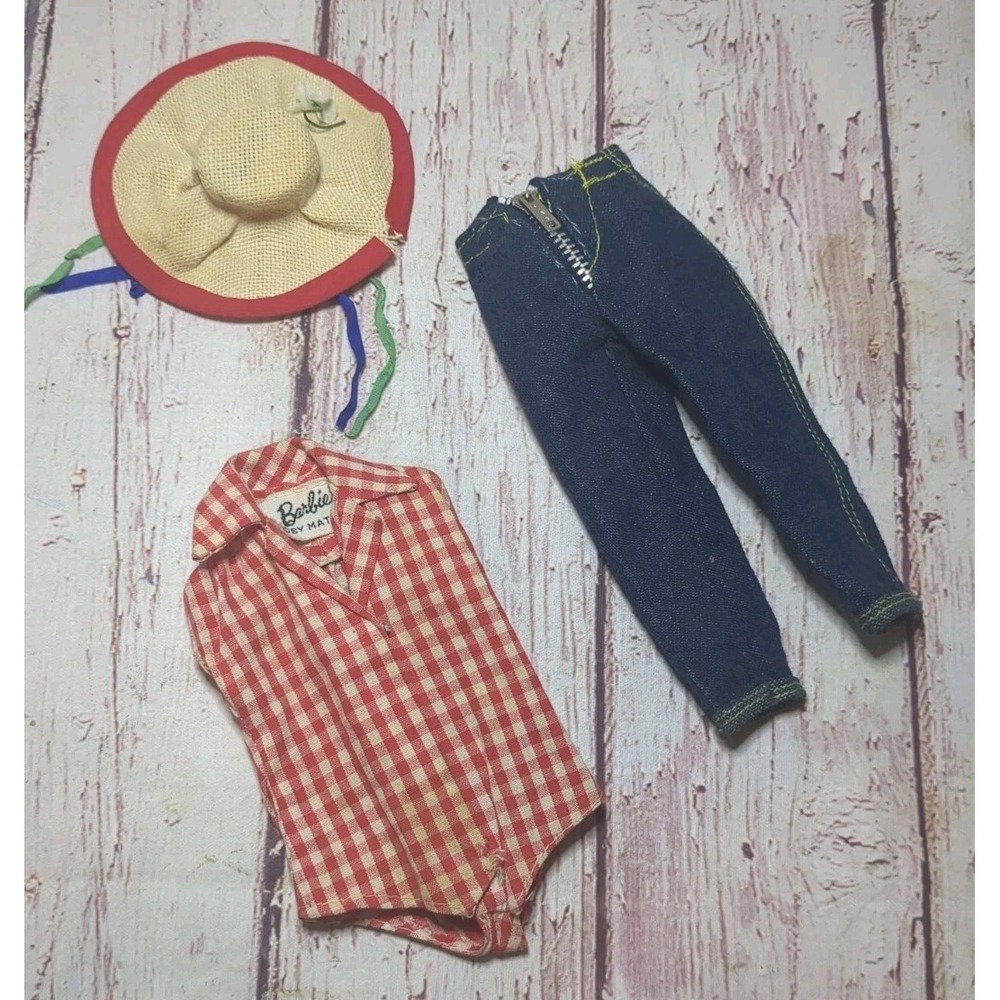 Vintage Barbie Doll Picnic Set Straw Hat, Top, & Jeans